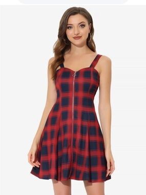 Red Plaid Zip-Front Sundress SHEIN Curve Size 1XL